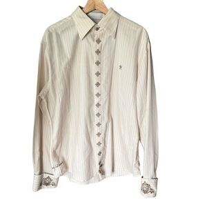 English Factory Shirt XL Embroidered Ivory Blue Striped Point Collar Artistic